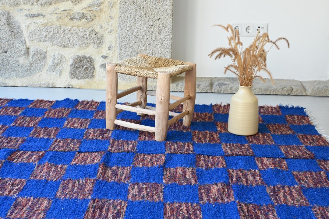 Large Cobalt Blue and Terracotta Rug, Check Rug, Checkered Rug, Bedroom ...
