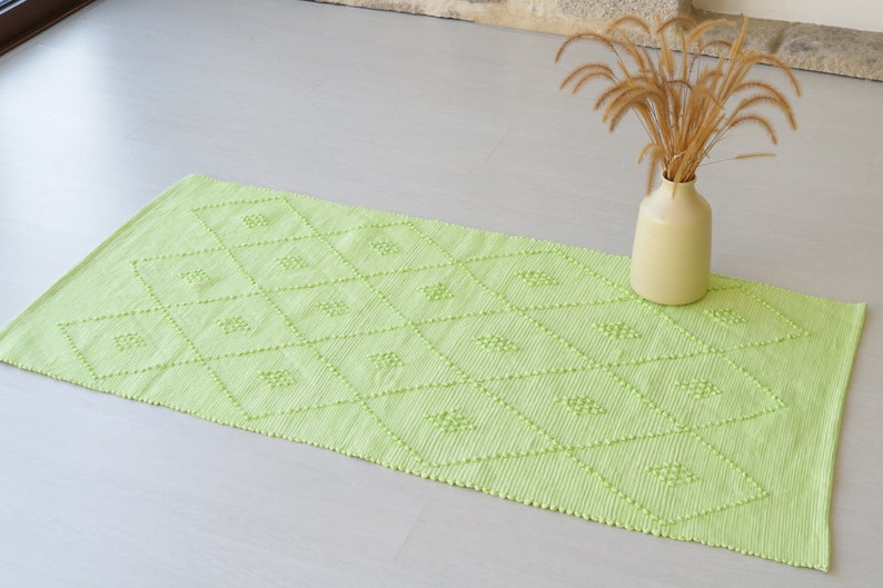Medium Handwoven Green Rug, Green Cotton Rug, Bathroom Rug, Kitchen Rug