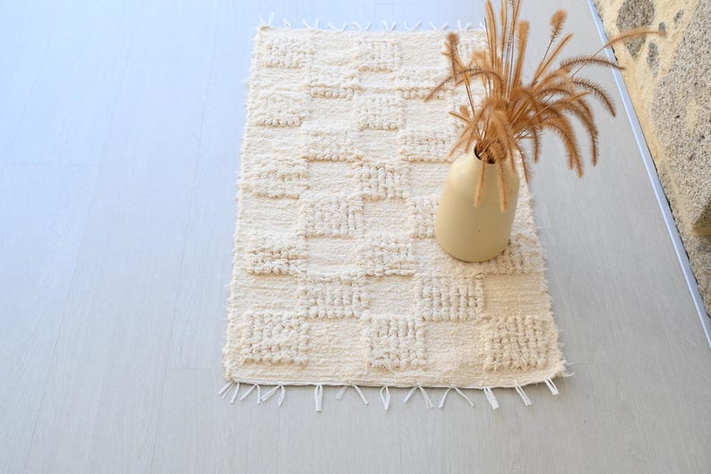 Small Check Cream Rug, Checkered Cotton Rug, Bathroom Rug, Rustic Rug