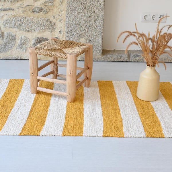 Medium yellow mustard and cream striped rug, bathroom rug, bedroom rug, kitchen rug, unique rug, striped rug, bedside rug, hallway rug