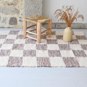 Średni dywan w kratkę 150x100cm, kremowy pomarańczowy i brązowy dywan, dywan do sypialni, dywan do salonu, unikalny dywan, czeski dywan, dywan w kratkę, nowoczesny dywan