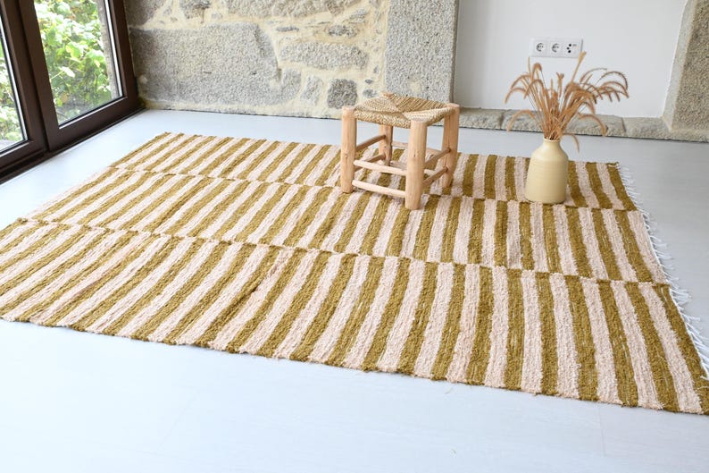Large Striped Gold and Beige Rug, Bedroom Rug, Living Room Rug