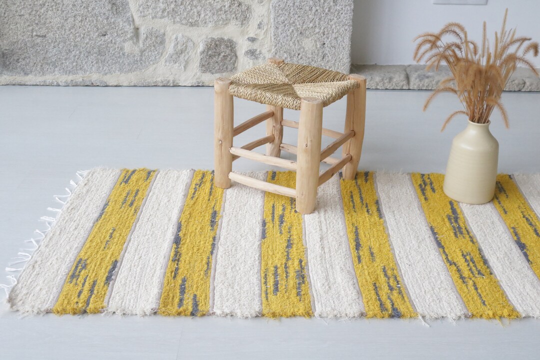 Medium Handwoven Yellow Cotton Rug Bohemian Rug Bathroom Etsy