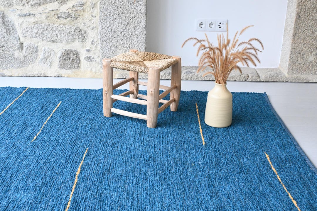 Large Blue Rug With Yellow Lines 140x200cm, Living Room Rug, Bedroom ...