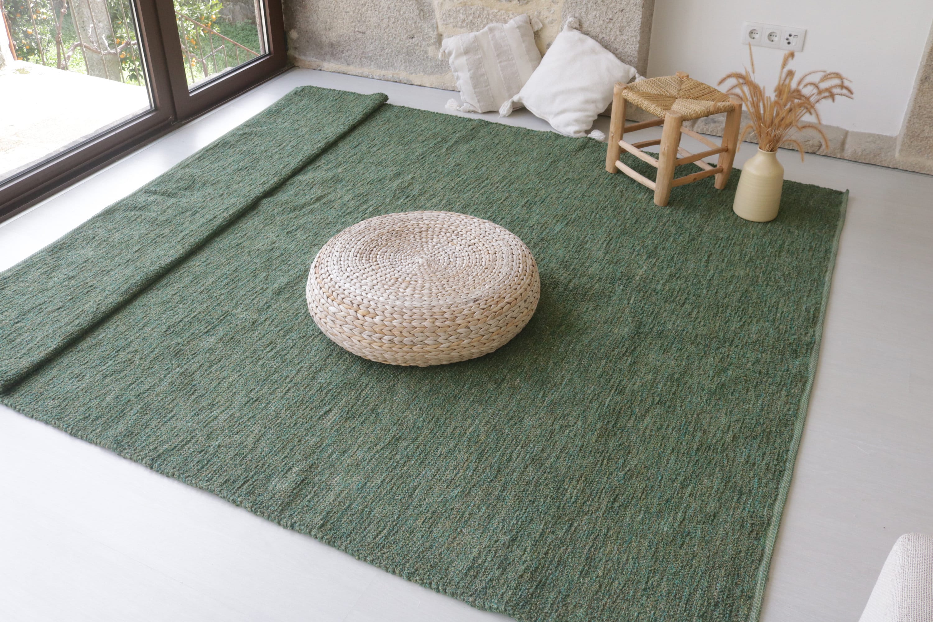 3.3x1.6 pies Pequeña alfombra verde oscuro tejida a mano, alfombra