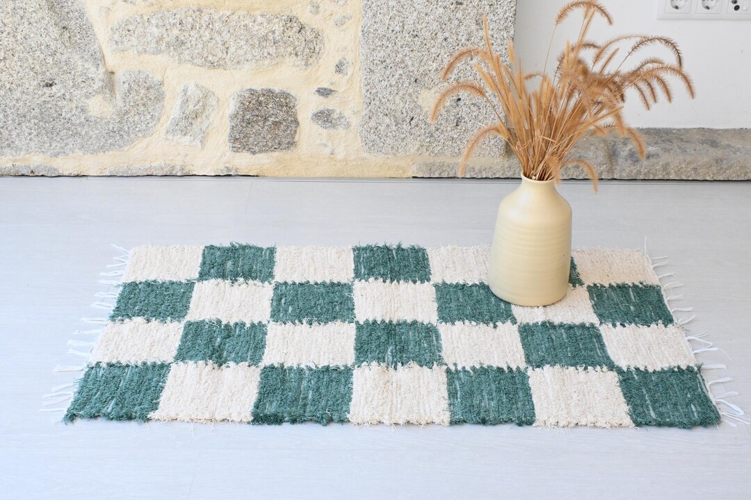 Green Pattern Rug Square Check Small Cream and Green Rug, Check Rug, Bath Rug, Geometric Rug ...