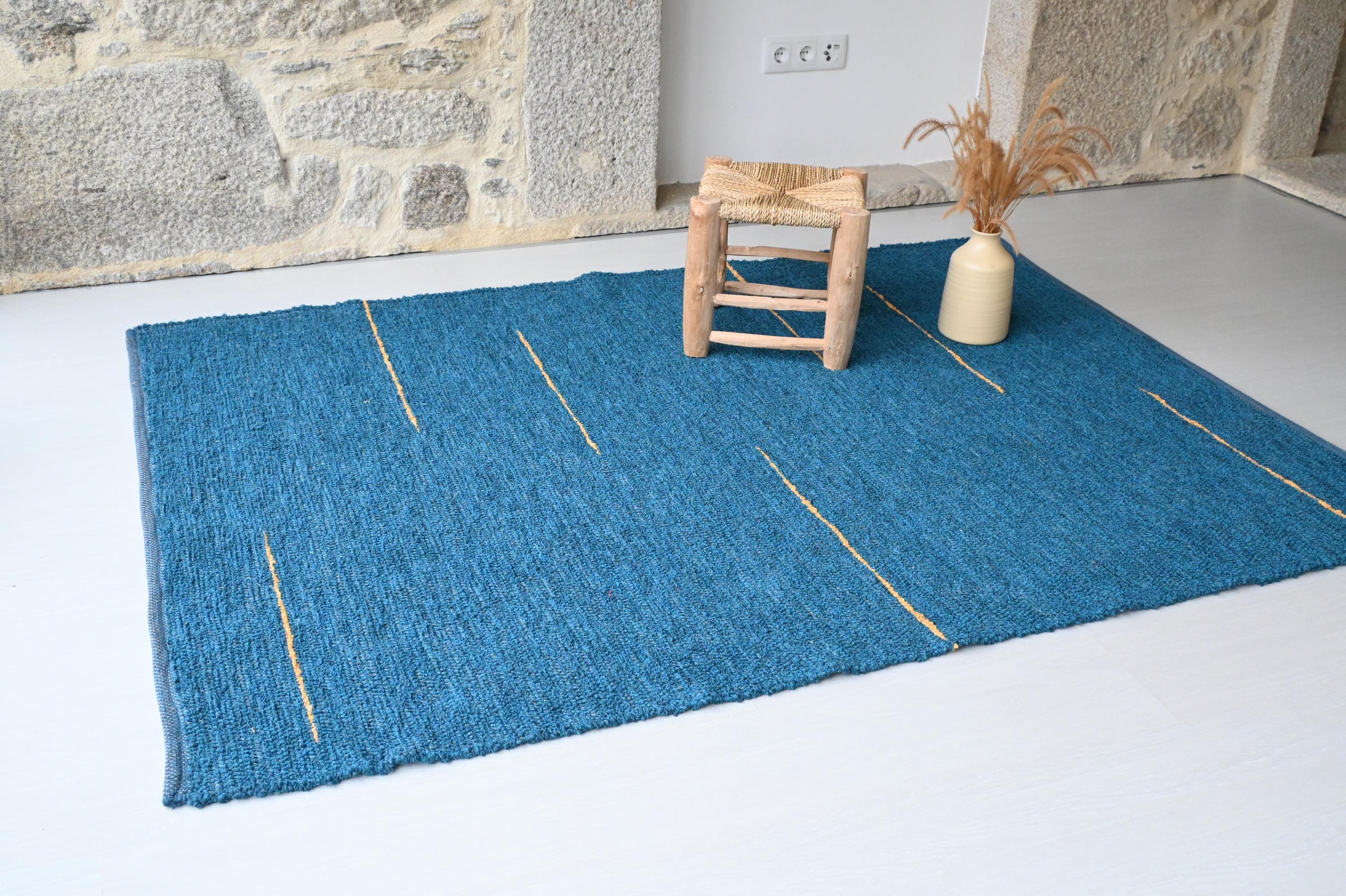 Large Blue Rug With Yellow Lines 140x200cm, Living Room Rug, Bedroom ...