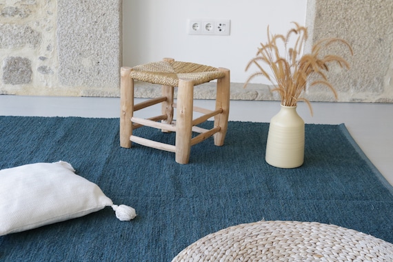 Alfombra grande tejida a mano de 200x300 cm en color azul petróleo, alfombra  de área, alfombra