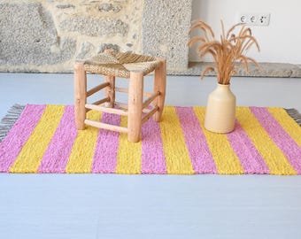 Medium pink and yellow rug, bathroom rug, bedroom rug, nursery rug, bohemian rug, striped rug, unique rug, colorful rug, colored rug