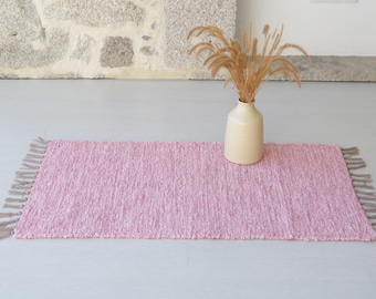 Petit tapis rose tissé à la main, tapis de douche, tapis de salle de bain, tapis de cuisine, tapis de chambre à coucher, tapis en coton rose, tapis scandinave, tapis rose, tapis de chambre d'enfant