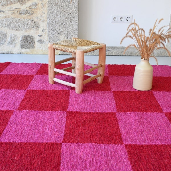 Alfombra de cuadros rosas y rojos de 150 x 210 cm, alfombra para salón, alfombra de cuadros, alfombra para habitación infantil, alfombra para dormitorio, alfombra contemporánea, alfombra roja y rosa.