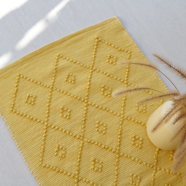 Small handwoven yellow rug, portuguese rug, cotton rug, bathroom rug, kitchen rug, bedroom rug, ethnic rug, boho rug, kids room rug.