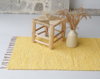 Medium handwoven yellow rug, yellow cotton rug, bathroom rug, kitchen rug, bedroom rug, bohemian rug, tapis jaune, gelber Teppich