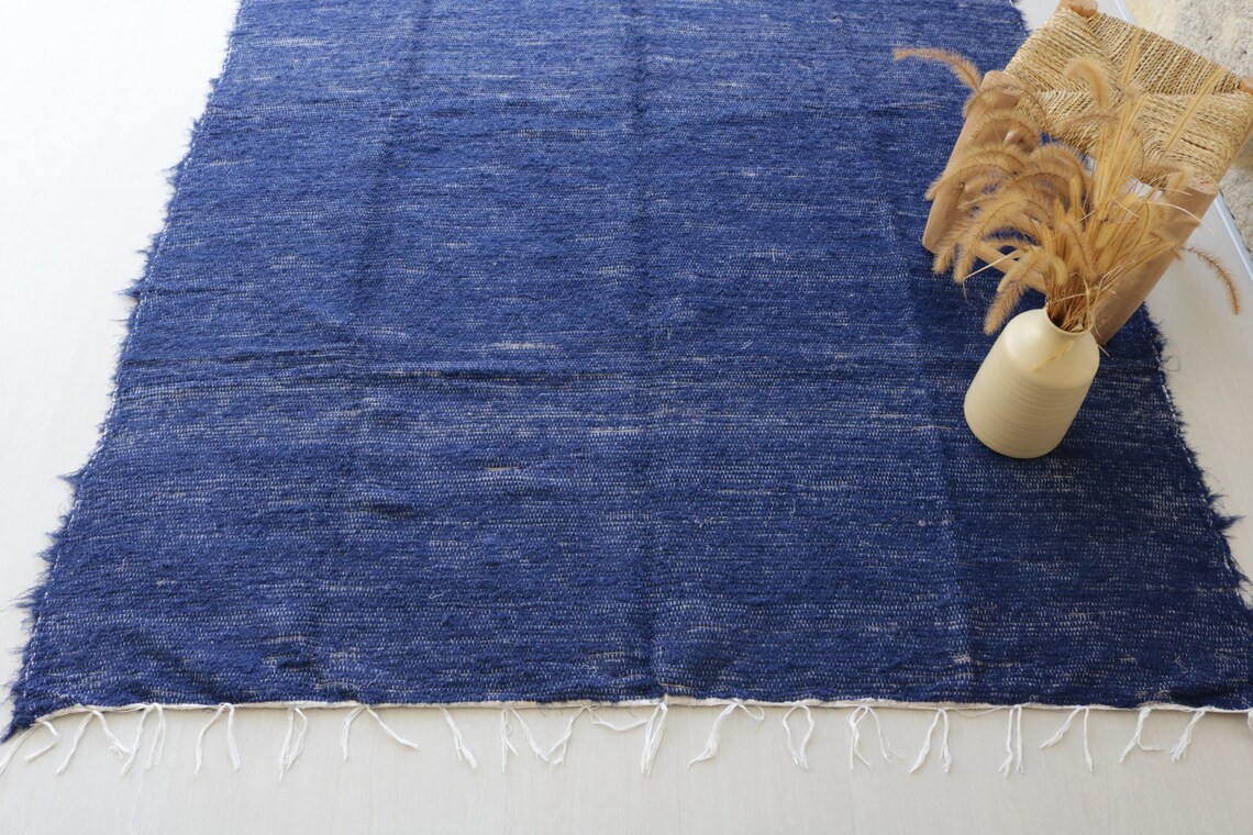 Großer handgewebt blauer Teppich Baumwollteppich Bereich | Etsy
