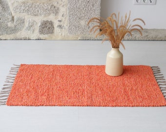 Petit tapis orange tissé à la main, tapis de salle de bain, tapis de chambre à coucher, tapis de douche, tapis de cuisine, tapis durable, tapis portugais, tapis lavable