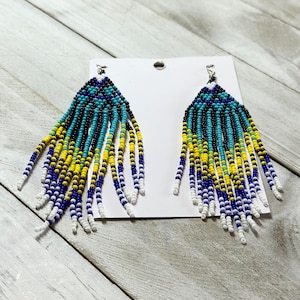 Turquoise and Yellow Beaded Tassel Earrings
