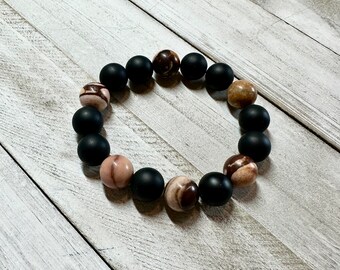 Unisex Onyx and  Marbled Agate Beaded Bracelet