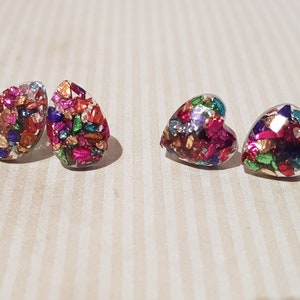 Metallic Rainbow Raindrops resin stud earrings | Metallic Rainbow Hearts resin stud earrings | Stainless steel posts