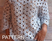 Crochet Sweater PATTERN Lace BLOUSE women light Blue Melange 34 sleeve cold shoulder pattern Top Crochet TUTORIAL pdf