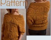 Crochet SWEATER PATTERN women Bobbles Granny square 3 4 sleeve Oversized cold shoulder Pullover Tutorial pdf ENG