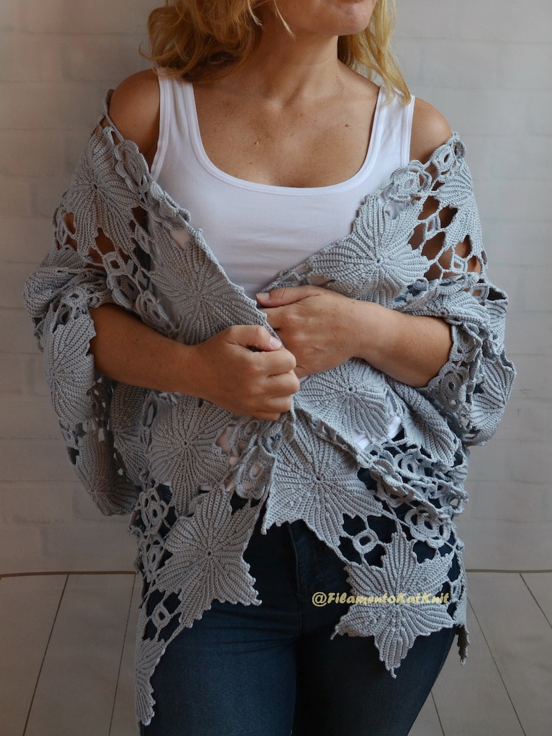 CROCHET Cocoon CARDIGAN Oversized for Women Gray Flower Cotton Etsy