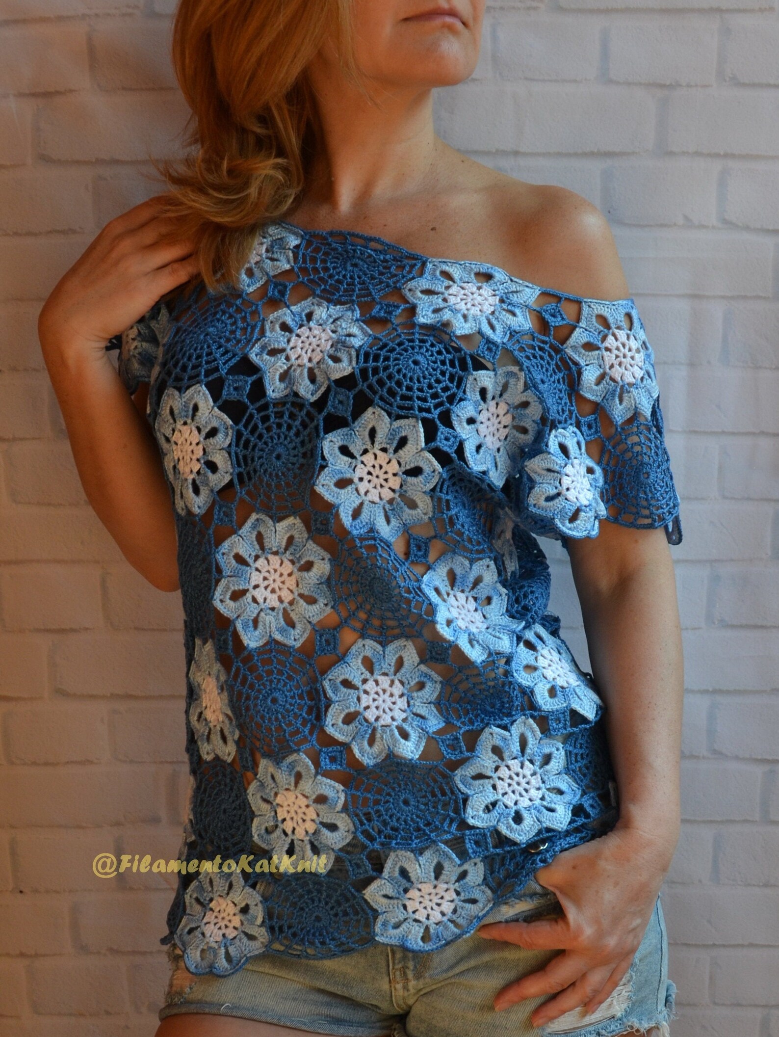 PATTERN Crochet Lace TOP women Tutorial pdf ENG Flowers and | Etsy