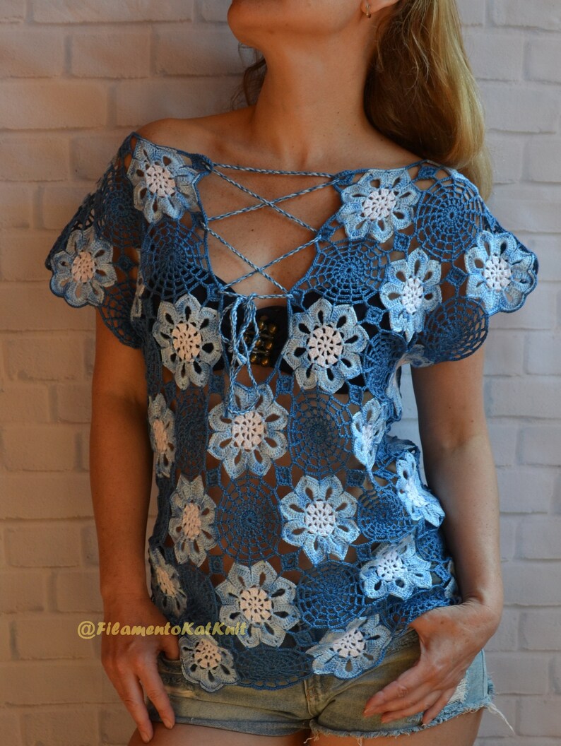 PATTERN Crochet Lace TOP women Tutorial pdf ENG / Flowers and | Etsy