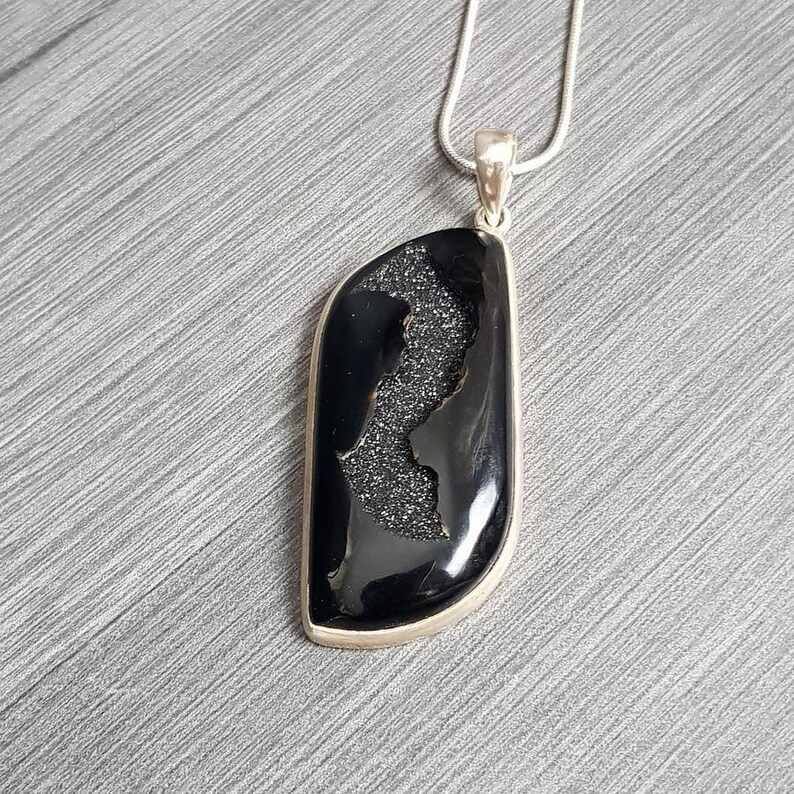 Onyx Druzy Teardrop AAA Grade Rare Crystal Pendant #10 Pure Sterling Silver 925 Necklace