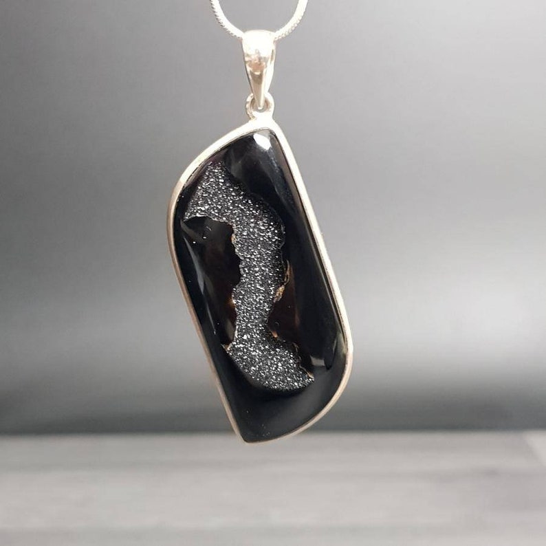 Onyx Druzy Teardrop AAA Grade Rare Crystal Pendant #10 Pure Sterling Silver 925 Necklace