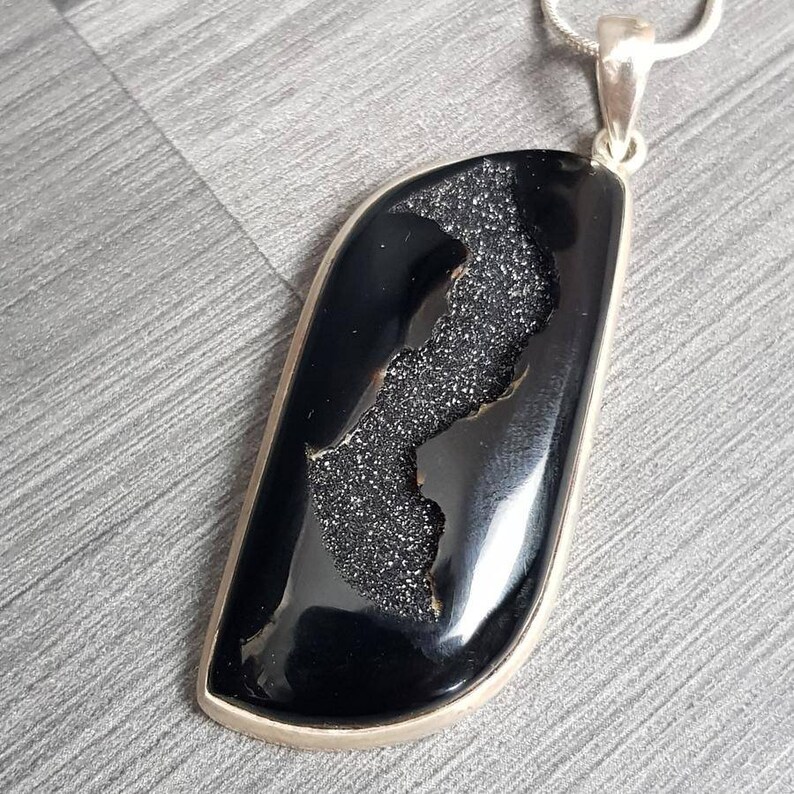 Onyx Druzy Teardrop AAA Grade Rare Crystal Pendant #10 Pure Sterling Silver 925 Necklace