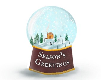 May include: A snow globe with a winter scene inside. The scene includes a small brown house with smoke coming from the chimney, trees, and snow falling. The base of the snow globe is brown with gold trim and the words "Season's Greetings" written in white.