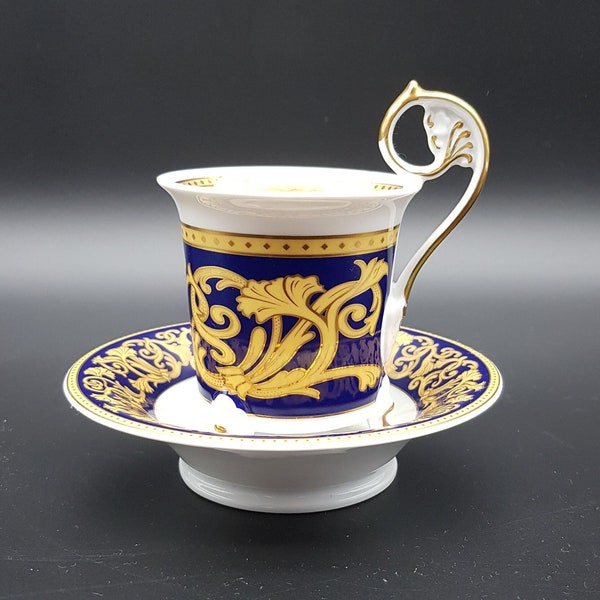 Wunderschöne Leander 1946 RGK China de Boheme Schrank Teetasse und Untertasse in blau, creme und gold