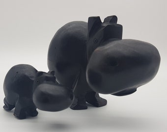 Super cute wooden carved hippopotamus mother and calve