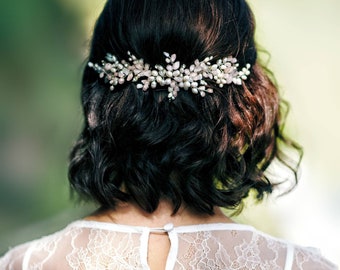 Pearl wedding hair piece, Bridal headband, Rose quartz hair comb for bride