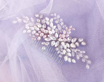 Peineta de perlas de boda, pieza de vid nupcial, tocado de lavanda para novia