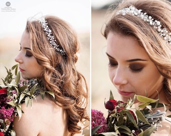 Bridal hair vine with crystals and pearl Bridal headband Silver halo headpiece for bride