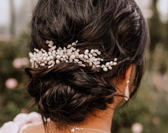 Pearl bridal headpiece, Wedding back hair comb, Rose quartz, Vine headband for bride