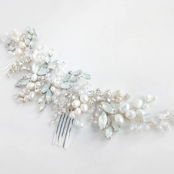 Wedding hair piece for bride with pearl Hair comb with sky blue opal Bridal hairpiece