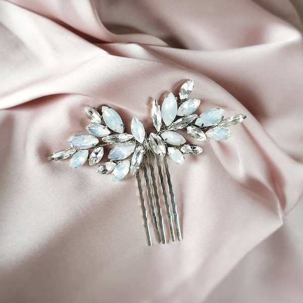 Bridal hair comb for wedding, Head piece with sky blue opal, Small hair comb for bride, Hair piece in Silver or Gold