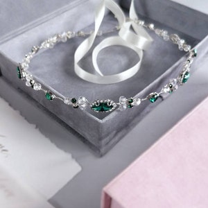 Wedding dress belt with emerald crystal, Bridal jewelry belt, Thin wedding sash