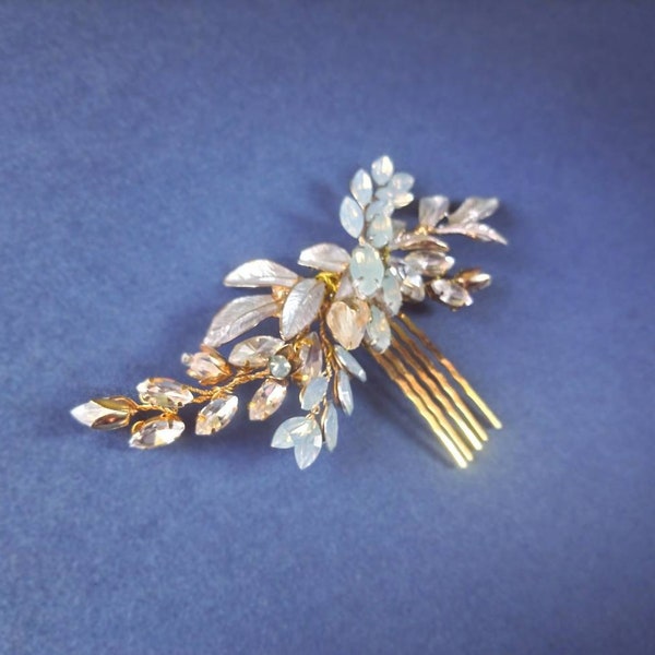 Leaf headpiece Sky blue opal bridal head piece Something blue for bride Headpiece opal Hair comb in gold Wedding hair accessories