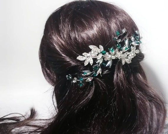 Emerald Bridal Hair Comb, Wedding Crystal Hair Pin With  display picture 1