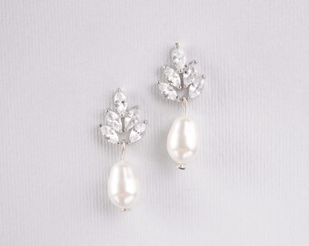 Pearl teardrop wedding earrings, Leaf stud earrings, Bohemian bridal jewelry with Cubic Zirconia crystal