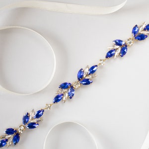 Bridal belt rhinestone, Sapphire wedding sash, Blue crystal beaded accessory for dress