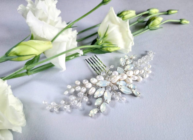 Pearl Bridal Head Piece With Sky Blue Opal Headpiece Wedding Etsy