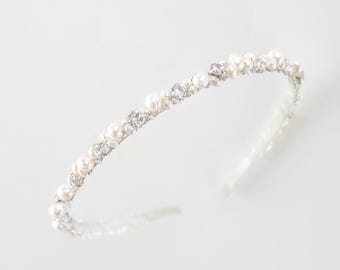 Pearl bridal headband, Wedding headpiece, Crystal hair piece with Cubic Zirconia and freshwater pearls