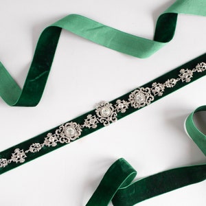 Wedding dress belt, Rhinestone bridal gown jewelry sash with crystal, Emerald green velvet belt