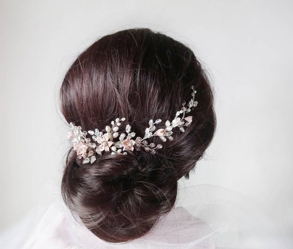 Floral Bridal Hair Vine Pearl Bridal Hair Piece Pink Flower Etsy