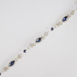 Rhinestone wedding dress belt, Pearl bridal sash with navy blue crystals for bride or bridesmaids