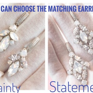 May include: Two pairs of silver earrings with white opal stones. The earrings on the left are smaller and more delicate, labeled "Dainty". The earrings on the right are larger and more elaborate, labeled "Statement".